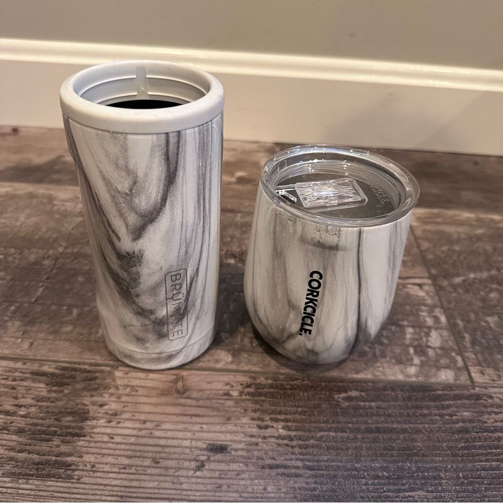 Corkcicle & BrüMate Marble-Patterned White Insulated Tumbler & Hopsulator
